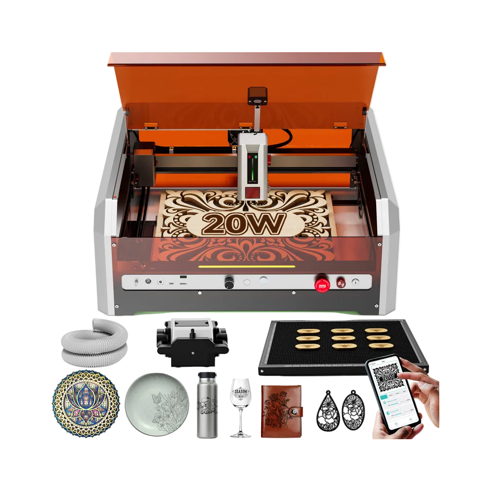 An image showcasing a Woxcker L8 MAX 20W Smart Laser Engraver and Cutter. The laser engraver is turned on, highlighting its operational status.